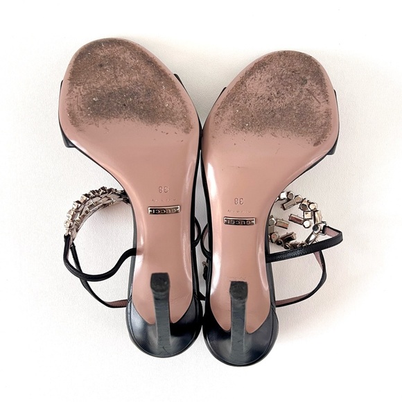 GUCCI || GG Crystal Embellished Black Leather High Heel Strappy Sandal US 8 - Picture 10 of 13